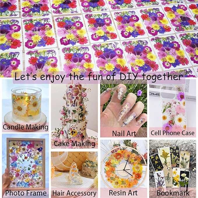 190Pcs Dried Pressed Flowers for Crafts,Xinxinran Dry Flower Kit for Resin Molds,Epoxy Resin Accessories,Bookmark,Nails, Jewelry Molds,Candle Making Supplies,Soap,Frame(Bright Color)