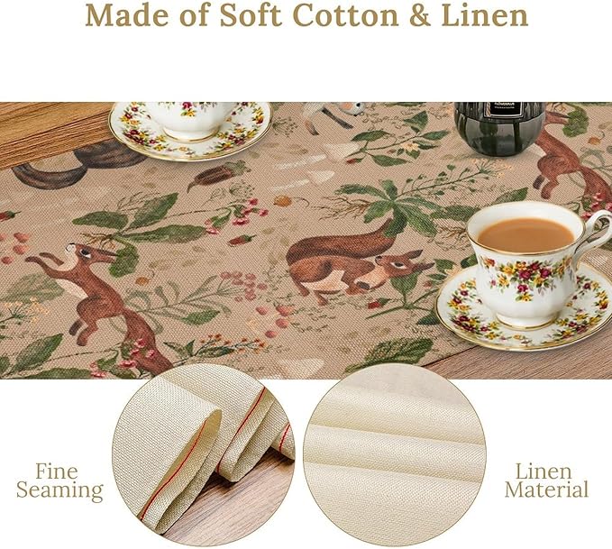 Rustic Woodland Table Runner, Retro Cabin Lodge Fairy Tale Forest Wild Animals Hare Squirrel Print Table Runner for Kitchen Dining Home Decor Wreath Party Decoration, 13x36inch