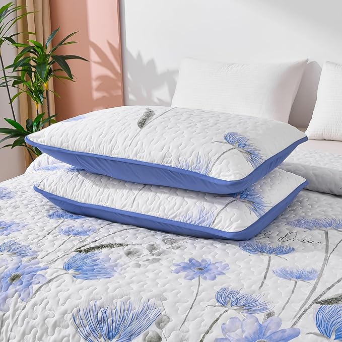 Dinjoy Floral Quilt Set Twin Size, Blue Bedspreads 2 Pieces Cute Bedding Set Lightweight Farmhouse Quilts Soft Flower White Coverlet Bed Sets for Women All Season 68"x86"