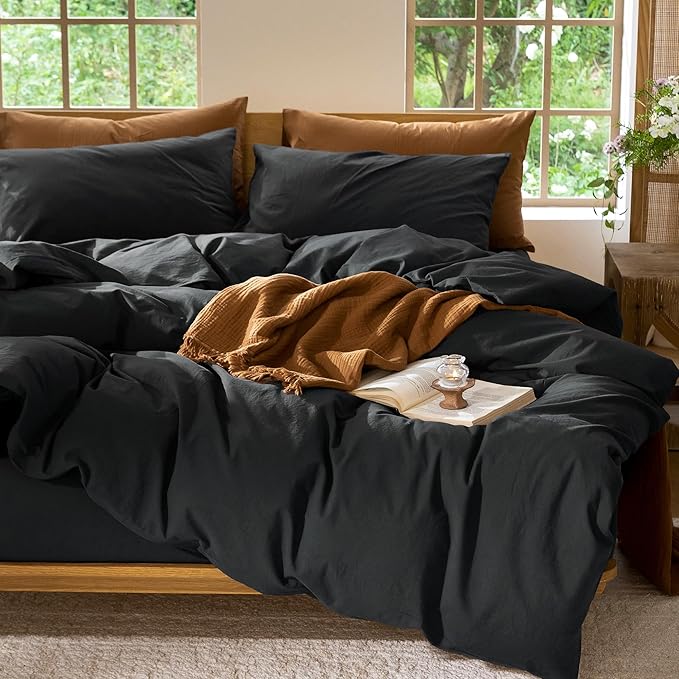 MooMee Bedding Duvet Cover Set 100% Washed Cotton Linen Like Textured Breathable Durable Soft Comfy (Solid Black, Oversized King Plus 128"x120")