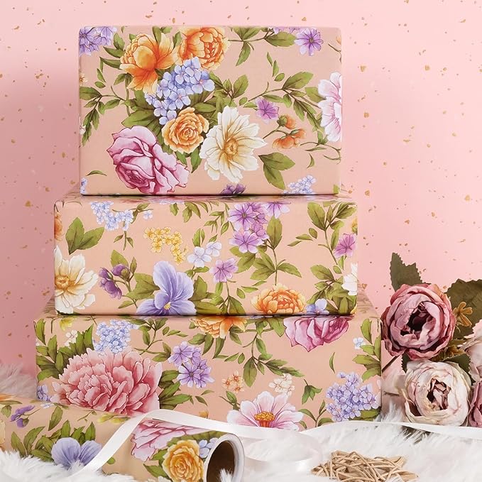 RayofSun Floral Wrapping Paper Roll Roll 17 in x 32ft Mini Roll Pink Peonies Yellow Roses Blooms Gift Wrap Paper for All Occasion Wedding Birthday Bridal Shower Party Wrapping Supplies