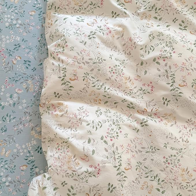 EAVD Garden Botanical Floral Duvet Cover Queen Soft Cotton Chic Shabby Floral Leaves Pattern Bedding Set with 2 Pillowcases Fresh Cute Botanical Comforter Cover with Zipper Closure
