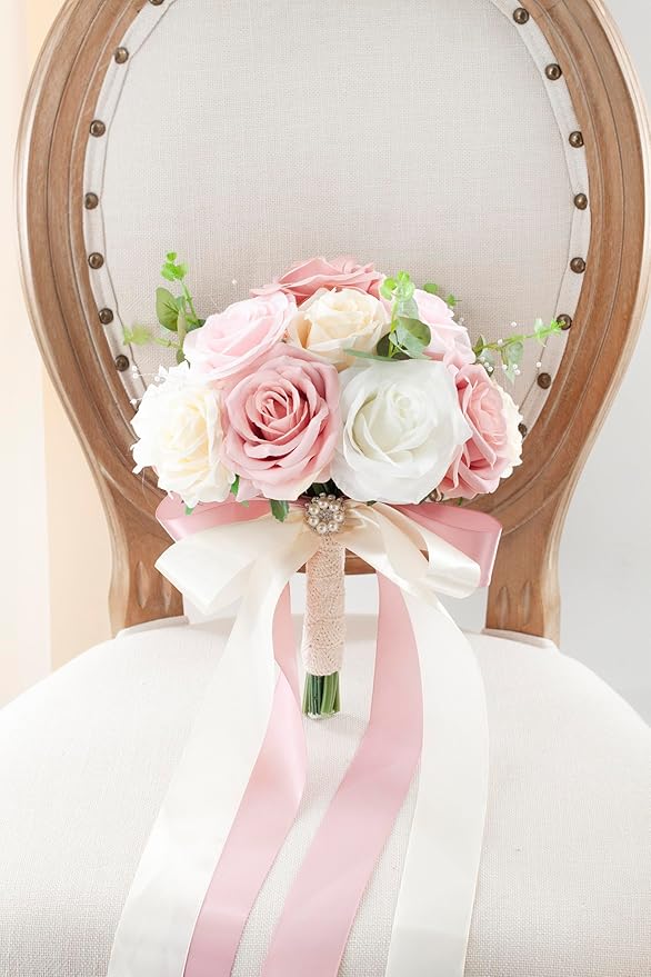 Pink & Champage Wedding Bouquets for Bride Bridesmaids, Bridal Bouquet for Wedding Silk Artificial Flowers