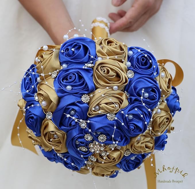 Bridal Wedding Bouquet Round Bling Brooch Bouquet Throw Toss Artificial Rose Flower Bunch for Bride Bridesmaid Wedding Quinceanera(Royal Blue & Gold, 8.7")