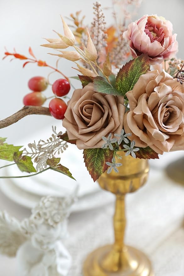 Artificial Flowers Combo Box Set Dusty Coffee Color Flower Leaf with Stems for DIY Wedding Bouquets Centerpieces Baby Shower Party Home Decorations