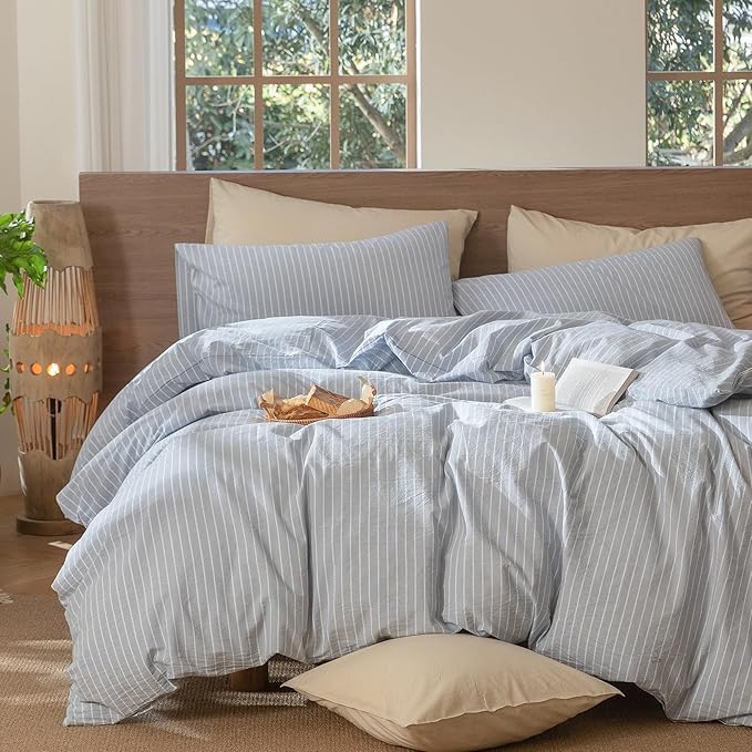 MooMee Striped Duvet Cover Set 100% Washed Cotton Linen Like Textured Breathable Durable Soft Comfy (Cornflower Blue White Wide Stripes, Oversized King Plus 128"x120")