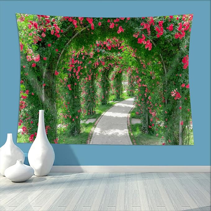 12ftx10ft Spring Flower Garden Backdrop Blossoms Flower Arch Garden Architecture Pillars Blooming Flowers Garden Road Photo Background Outdoor Wedding Portraits Photo Studio Props Wallpaper