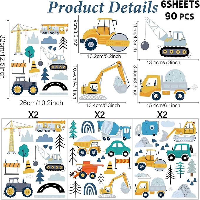 Construction Vehicles Wall Decals - 90Pcs (6 Sheets) Peel & Stick Removable Wall Stickers for Boys Room, Nursery, Playroom - Trucks, Excavator, Crane Theme Boho Kids Bedroom Decor, Easy DIY