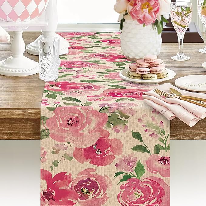 Seliem Spring Summer Watercolor Flower Table Runner, Pink Peony Floral Kitchen Dining Table Decor, Seasonal Burlap Home Decoration Indoor Outdoor Party Supply 13 x 108 Inches