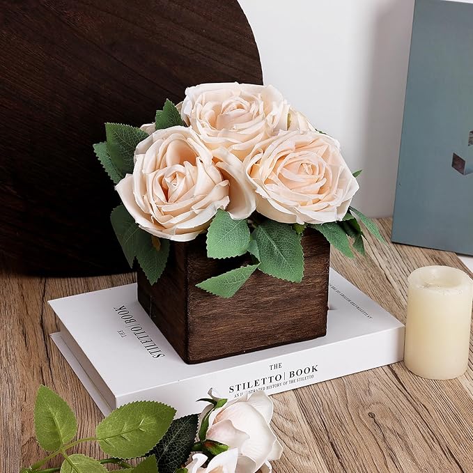 Dining Table Centerpiece Set of 3 - Pre-Made Aritifial Rose with Wooden Vase Fake Floral Arrangment Faux Flower for Wedding Bridal Tea Party Event Decorations - Champagne