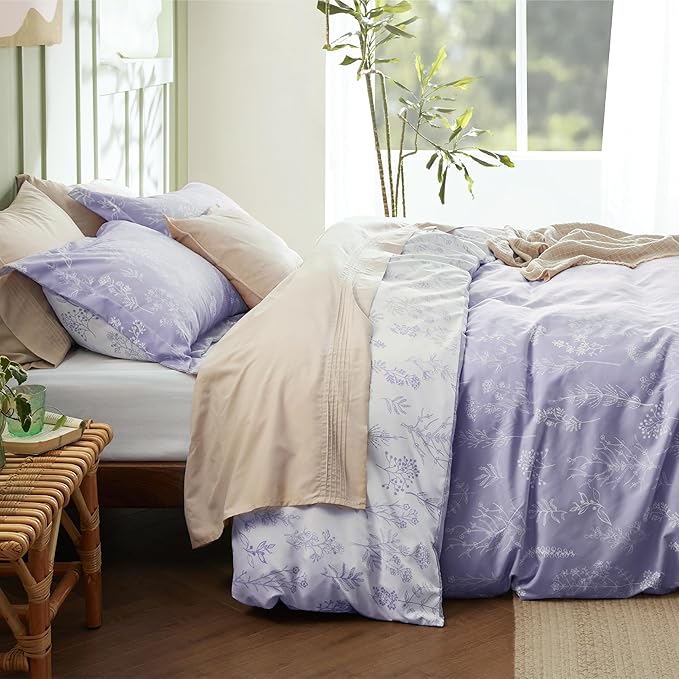 Bedsure Twin/Twin XL Duvet Cover - Reversible Purple Duvet Cover Set with Zipper Closure, 2 Pieces Cute Floral Patterned Bedding Set with 8 Corner Ties and 1 Pillow Sham