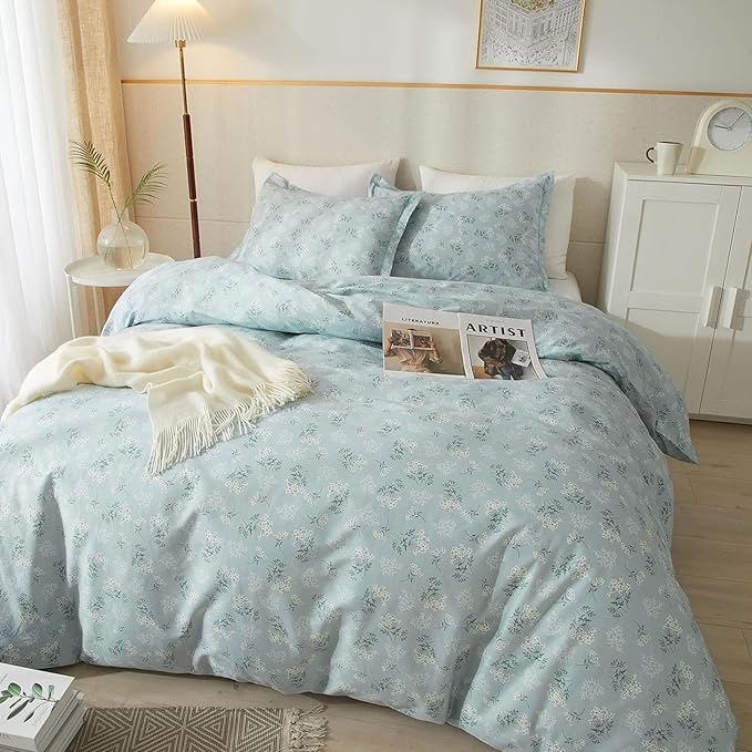 VM VOUGEMARKET Garden Blue Flower Comforter Set Full Soft Fluffy Microfiber Comforter Chic Floral Printed Bedding Set Vintage Flowers Botanical Comforter Set All Season Use