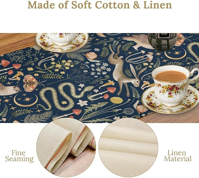 Fairy Forest Table Runner, Rustic Retro Woodland Wildlife Owl Squirrel Flowers Mushroom Seasonal Holiday Kitchen Dining Coffee Table Decoration For Home Indoor Outdoor Party Wedding, 13x108inch