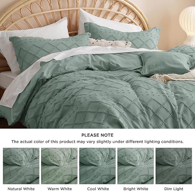 Bedsure Boho Duvet Cover Queen Size - Green Breathable & Soft Boho Bedding, Machine Washable Comforter Cover for All Seasons, Includes 1 Duvet Cover 90"x90" with 2 Pillow Shams & Zipper Closure
