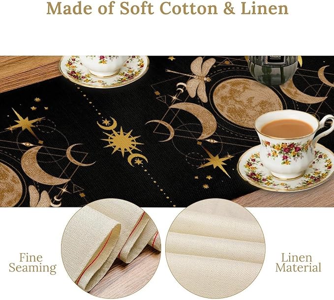 Gothic Moth Table Runner, Boho Floral Gothic Sun Moon Phase Mystical Witchy Starlight Coffee Table Center Decor for Home Kitchen Dining Patio Holiday Party Table Decorations 13x72 inches