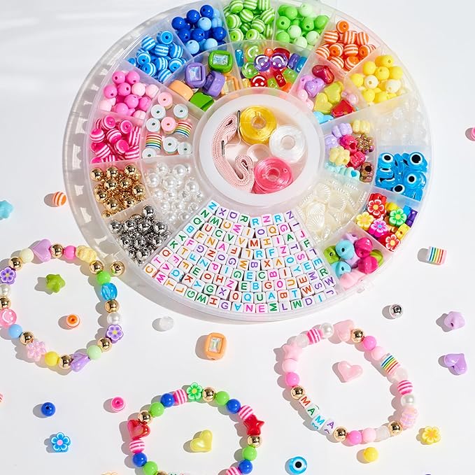 MYCUTEY 594Pcs DIY Bracelet Making Kit with Colorful Letter Flower Heart Beads - Friendship Bracelet Kit for Women Pony Beads for Jewelry Making Christmas Bead Bracelets Making Craft