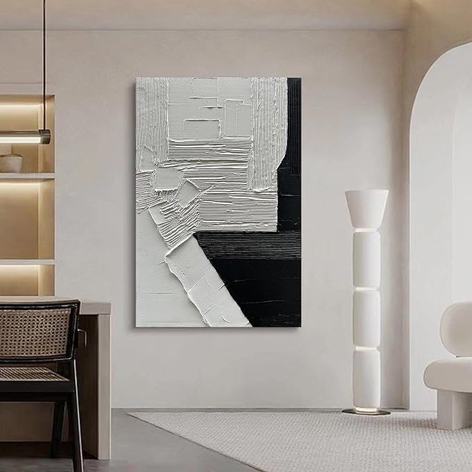 Hand-Painted 45x30 inch White and Black Abstract Wall Decoration Oil Painting Thick Texture Minimalist Art