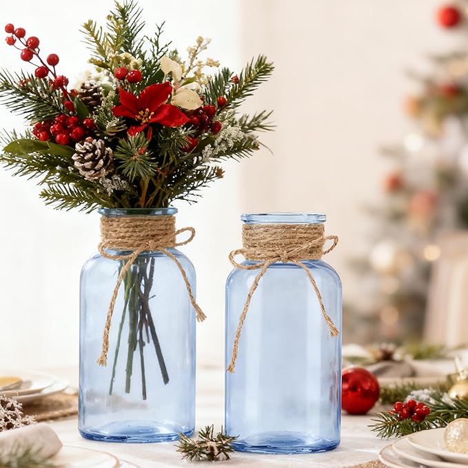 Vintage Glass Flower Vase,3 Pack Farmhouse Blue Glass Centerpiece Vases Mason Jars for Weddings, Parties & Home Decor Bulk (3, Blue)