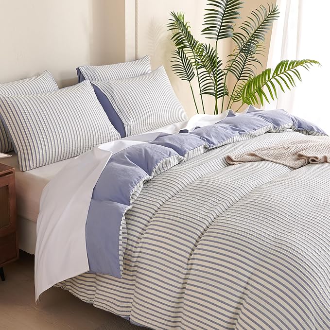 King Size Duvet Cover Blue Striped Washed Microfiber Jacquard 3 Pieces Bedding Set, White Blue Vertical Ticking Stripes Pattern Comforter Cover with Zipper Closure Breathable Durable Soft Comfy