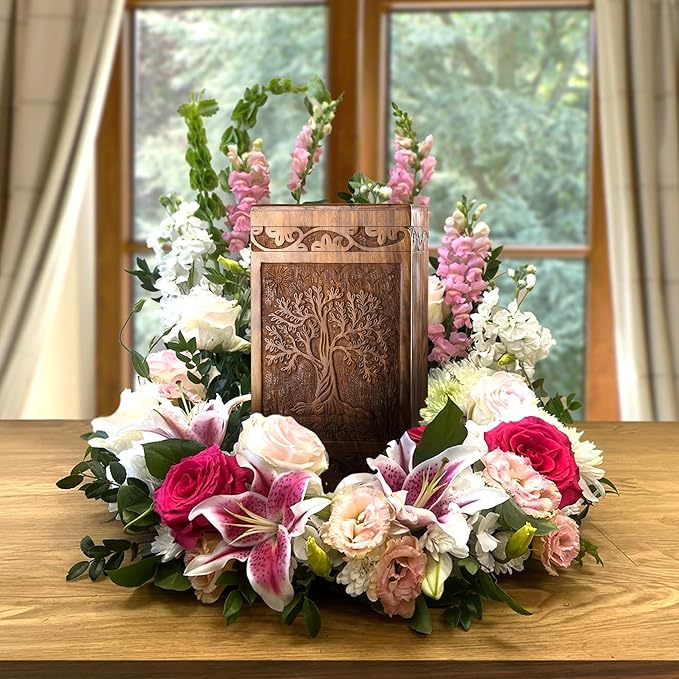 INTAJ Wooden Tree of Life Cremation Urns for Human Ashes – Memorial Urn Box and Casket for Adult Male, Female, Child, or Pets (Cat/Dog) – Burial Funeral Urn Holds Up to 180 Cubic Inches of Ashes
