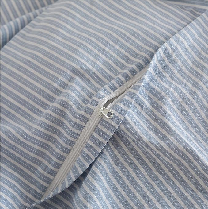 JIYUAN 100% Washed Cotton Striped Duvet Cover Set 3 Pieces Queen, 1 Duvet Cover and 2 Pillowcases(Comforter Not Included),Linen Like Comfy and Breathable,Pinstripes - Heathered Cornflower Blue White