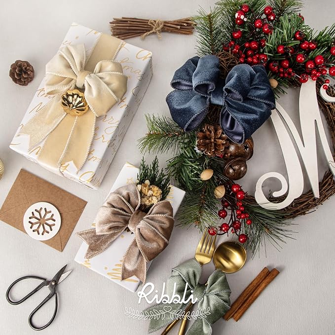 Ribbli Dusty Blue Velvet Wired Ribbon 1.5 Inch Velvet with Satin Christmas Ribbon for Gift Wrapping Christmas Tree Decoration Crafts Wreaths Supplies-Continuous 10 Yards