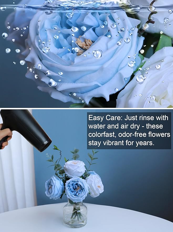 Forlaoers White Blue Roses Floral Artificial Flowers with Vase Silk Flower Arrangements in Fake Water Fake Flower Bouquet Centerpieces for Dining Center Table Decor Home Farmhouse Office Decorations