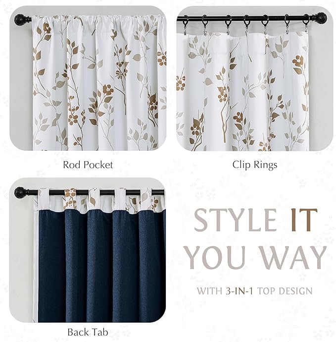 Beauoop Floral 100% Blackout Curtains 63 Inch Length 2 Panels for Bedroom Living Room Tan Brown and White Flower Patterned Room Darkening Thermal Soundproof Rod Pocket Back Tab Window Drapes, 52X63