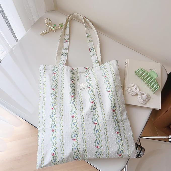 Cotton Canvas Tote Bag Reusable Soft Grocery Cloth Bag Floral Shoulder Bag for Beach Travel Shopping