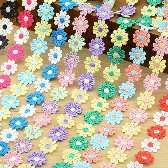 15 Yards Daisy Flower Lace Trim Embroidered Floral Lace Sewing Trim Ribbons for Embellishment Craft Dress Hair Accessories Decorations(Pink/Blue)