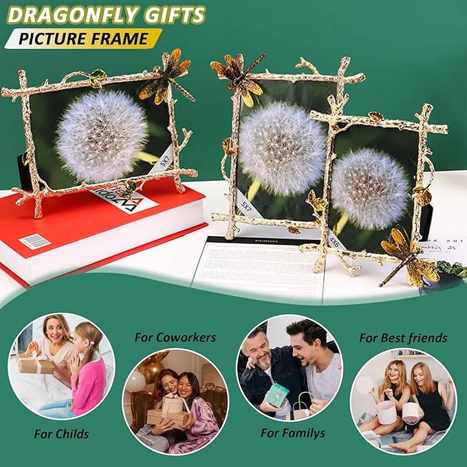 4x6 Picture Frame Brass Dragonfly Ornament Vintage Ornate Home Decor Gifts for Women Men Antique Gold Photo Frame with Glass Front Metal Brass Art Table Decor for Birthday Mothers Day
