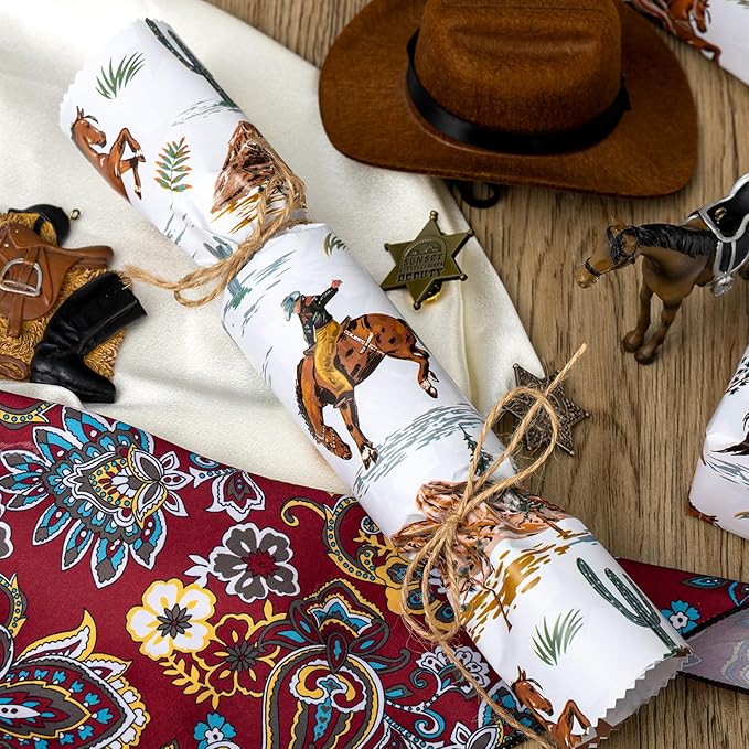 Homeral Reversible Cowboy Wrapping Paper Roll - 17In x 16.5Ft Western Gift Wrap with Rodeo Horse and Star Pattern for Boys Birthday, Fathers Day, Bachelor Party, Christmas, Farm Theme, Holiday