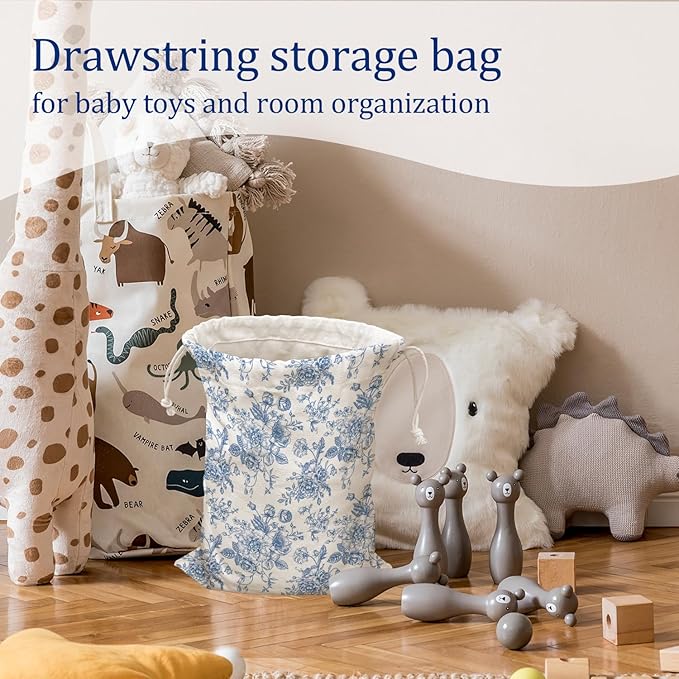 DSHFG Light Blue Chinoiserie Toile Floral Birthday Drawstring Gift Wrap Bags, Chinoiserie Baby Shower Drawstring Gift Bags Canvas, Blue and White Small Happy Birthday Bag, Gifts for Women, 10x13 Inch