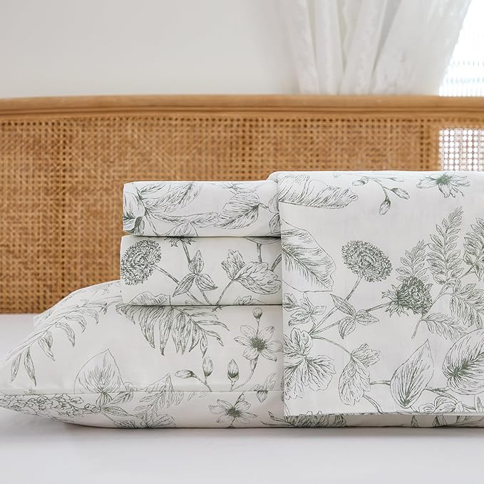 100% Cotton Sheet Set King Size – 4-Piece Chic Garden Floral Bedding Set, Soft Breathable Percale Weave, Deep Pocket Fitted Sheet 17.5", Crisp Cool Feel, Refined Botanical Elegance