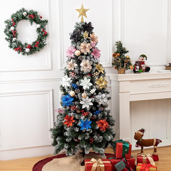 24Pcs Red Glitter Poinsettia Christmas Tree Ornaments and Glitter Berries Stems, 16Pcs Christmas Artificial Flowers and 8 Pack Christmas Tree Picks for Wedding Holiday Decorations