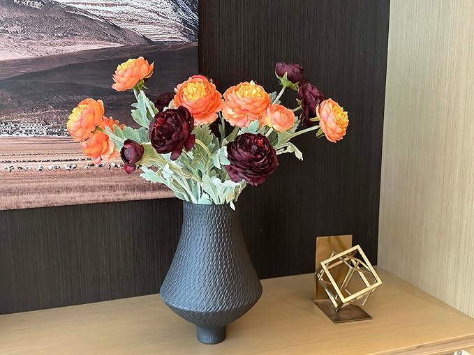 7pcs Silk Peonies Artificial Flowers, Faux Orange and Burgundy Peonies Mixed for Vase, Fake Flower Stems Arrangement for Home Kithcen Dining Table Centerpieces, Farmhouse Office Decoration