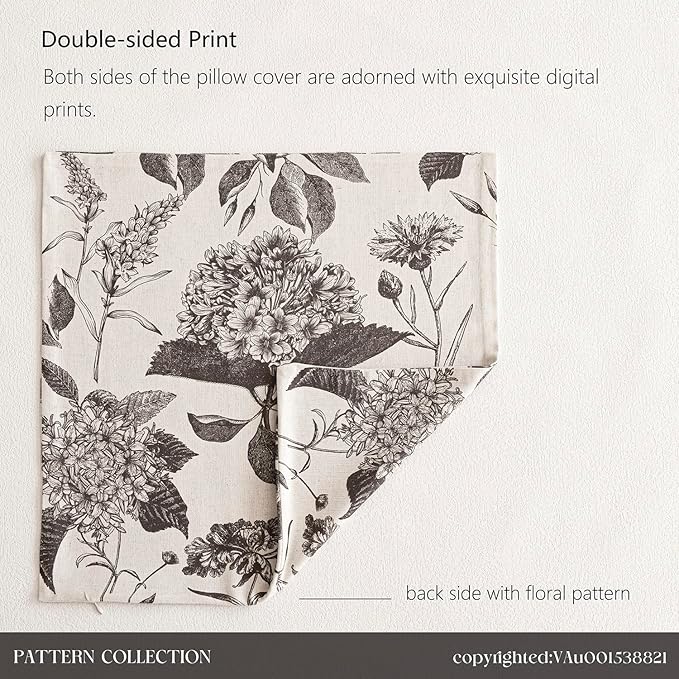 Foindtower Set of 2 Linen Floral Vintage Throw Pillow Covers Neutral Accent Print Decorative Cushion Covers Farmhouse Boho Home Decor for Sofa Chair Couch Bedroom Living Room,20×20 Inch,Black