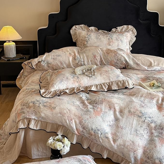 HighBuy Girl Linen Duvet Cover Set Twin XL Beige Ruffle Design,Vintage Floral Yarn Dyed Ruffled Bedding Set Natural French Breathable Farmhouse Bedding - 1 Twin XL Duvet Cover 2 Pillowcases