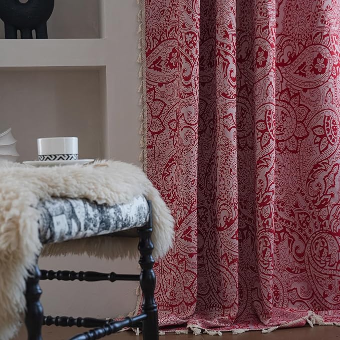 ENJOYBRIDAL Red Paisley 84 Inch Curtains for Bedroom Semi Sheer Drapes Rod Pocket 2 Panels Floor Length Window Curtain Panels for Living Room Farmhouse Jacquard Decorative Vintage Window Treatments