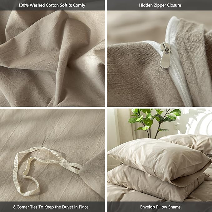 MooMee Bedding Duvet Cover Set 100% Washed Cotton Linen Like Textured Breathable Durable Soft Comfy (Solid Mocha Brown, Super King Plus 120"x120")
