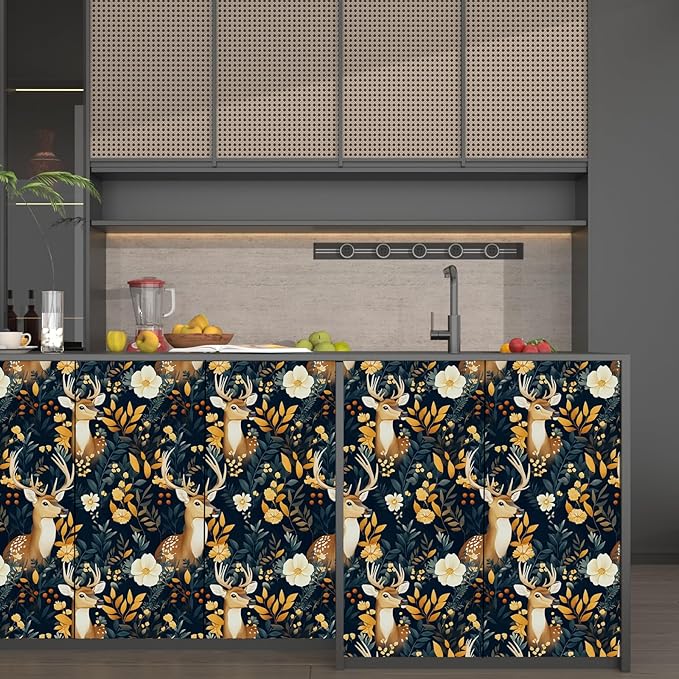 Deer Wallpaper Peel and Stick Vintage Blue Gold Floral Wallpaper Contact Paper 17.5" × 118" Waterproof Vinyl Self Adhesive Dark Wall Paper for Bedroom Walls Cabinet Locker Decor