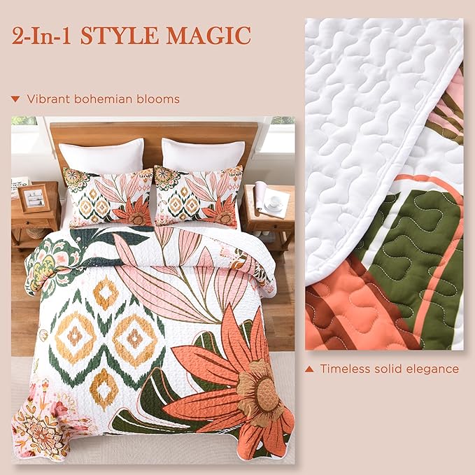 Andency Floral Boho Quilt Super King Plus Size Bedding Set Pink, 3 Pieces Farmhouse Flower Botanical Summer Bedspreads with 2 Shams, Soft Reversible Microfiber Coverlet Set for All Season, 128"x120"