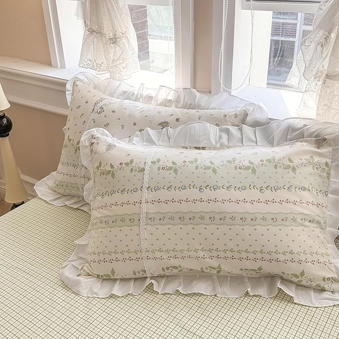 Ruffle Floral Comforter Girls Flower Comforter Set Queen Aesthetic Leaves Floral Bedding Comforter with Cute Rabbit Reversible Green Plaid Comforter Princess Bedding Botanical Comforter Set