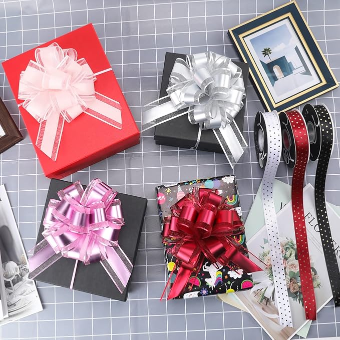 12 Pieces Pull Bow Wrapping Pull Bow Ribbon Pull Bows for Wedding Baskets,6 Inches Diameter Gift Bows, Large Bows for Presents. (Wine red)