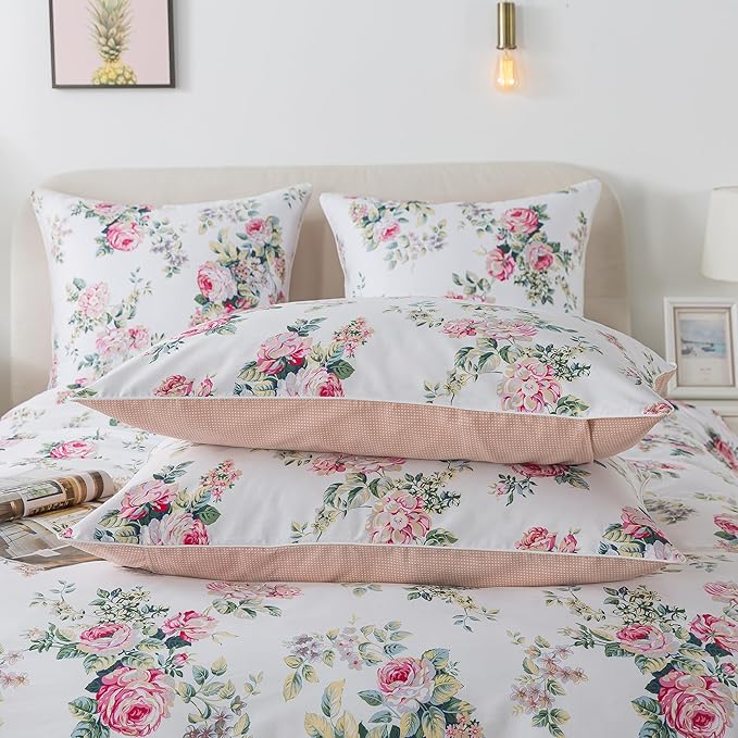 FADFAY Duvet Cover Set Full Pink Rose Floral Bedding Shabby Peony Flower Quilt Cover Set Vintage Farmhouse Bedding 100% Cotton Soft Comforter Cover Set with Hidden Zipper Closure 3Pcs, Full Size