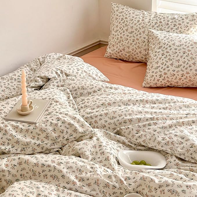 Aesthetic Floral Duvet Cover Twin 100% Cotton Boho Floral Comforter Cover White Chic Botanical French Style Duvet Cover Pink Floral Girls Flower Comforter Cover Vintage Cottagecore Bedding Set Twin