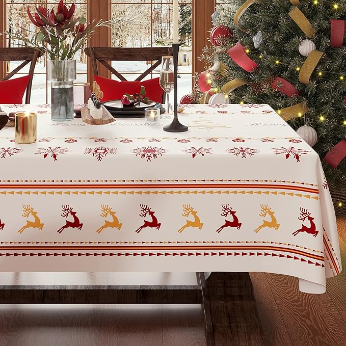 Christmas Rectangle Table Cloth,100% Waterproof Tablecloth,Christmas Decorations for Home, Vinyl Tablecloth Plastic Table Cover for Party,Picnic,Dining,Outdoor 54" x 54",Merry Ribbon
