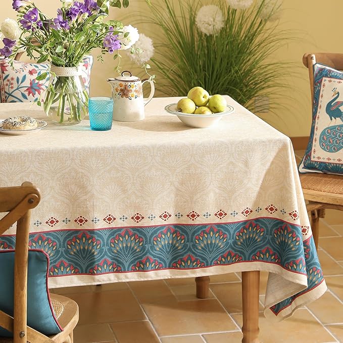 Vintage Beige Linen Rectangle Tablecloth,Paisley Farmhouse Feather Floral Pattern Table Cloth,Decor Table Cover for Kitchen,Dining,Thanksgiving,Christmas,55"*87"-Dorodango F