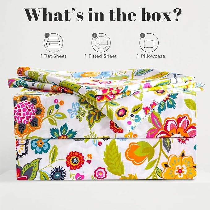 Bedlifes Twin Sheet Set Ultra Soft, Breathable, Silky Flower Deep Pocket 100% Microfiber Bedding, 3 Piece Twin Size with Floral Spring Design
