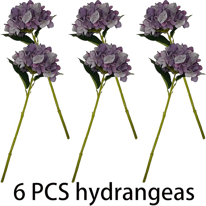 Purple Hydrangea Artificial Flowers,6 Pcs Faux Hydrangea Flowers,Artificial Hydrangeas Flowers with Stems,Fake Hydrangeas, Silk Hydrangea Flower with Stem (6, Eggplant Purple)